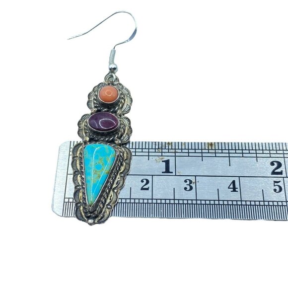 Sterling Silver 3 Stone Stamped Turquoise Coral Sugalite Dangle Earrings Native - Picture 9 of 10